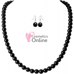 Colier cu cercei AS24KK Argintiu cu perle Negre + 1 Bratara Cadou